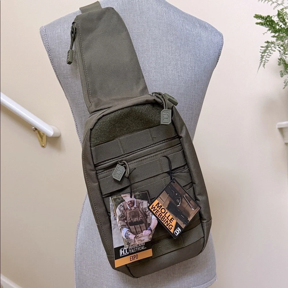 Tactical Sling Bag - Olive Green. Multiple pockets. Spacious compartments.